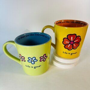 Life Is Good Ceramic Coffee Mug Set Of 2 Flower Design 12 Oz Yellow Green‎